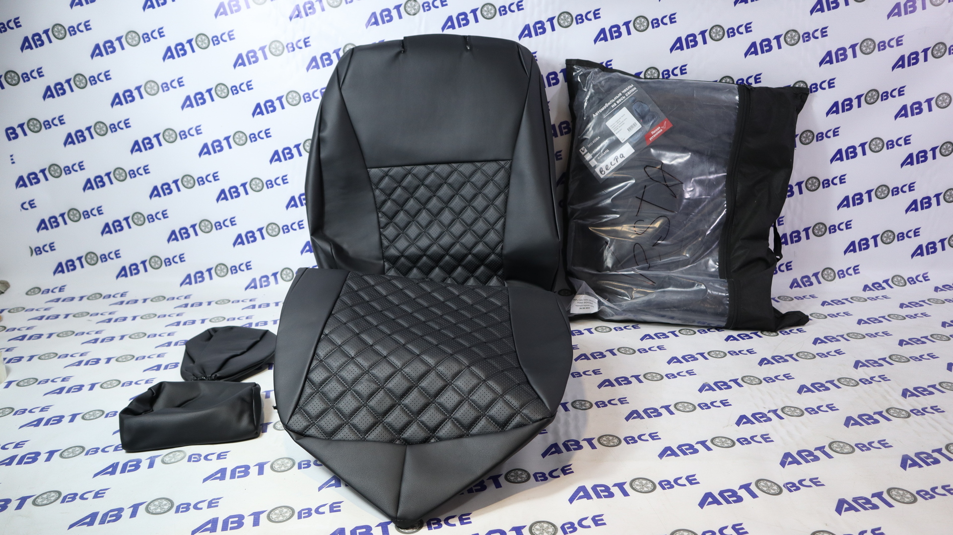 Чехлы сидений Vesta седан с 2015 черный-черная нить РОМБ Экокожа